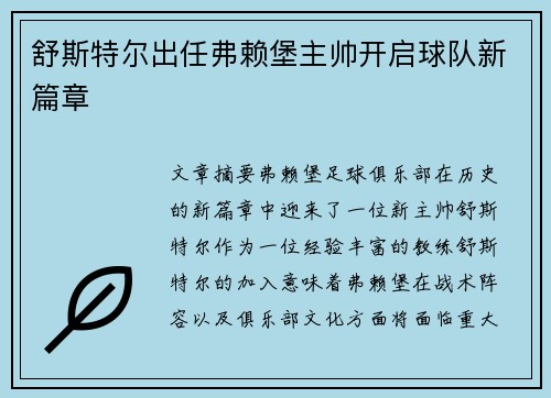 舒斯特尔出任弗赖堡主帅开启球队新篇章 舒斯特尔出任弗赖堡主帅开启球队新篇章